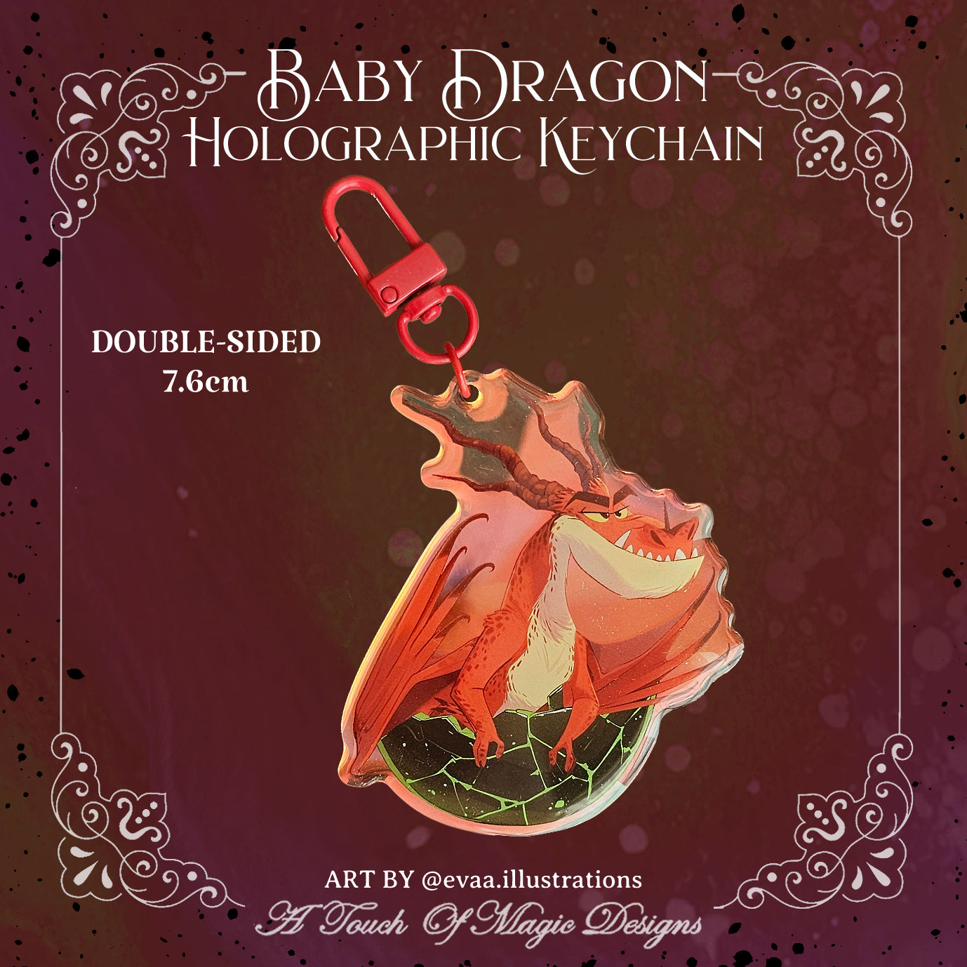 Baby red firey dragon - holographic key chain