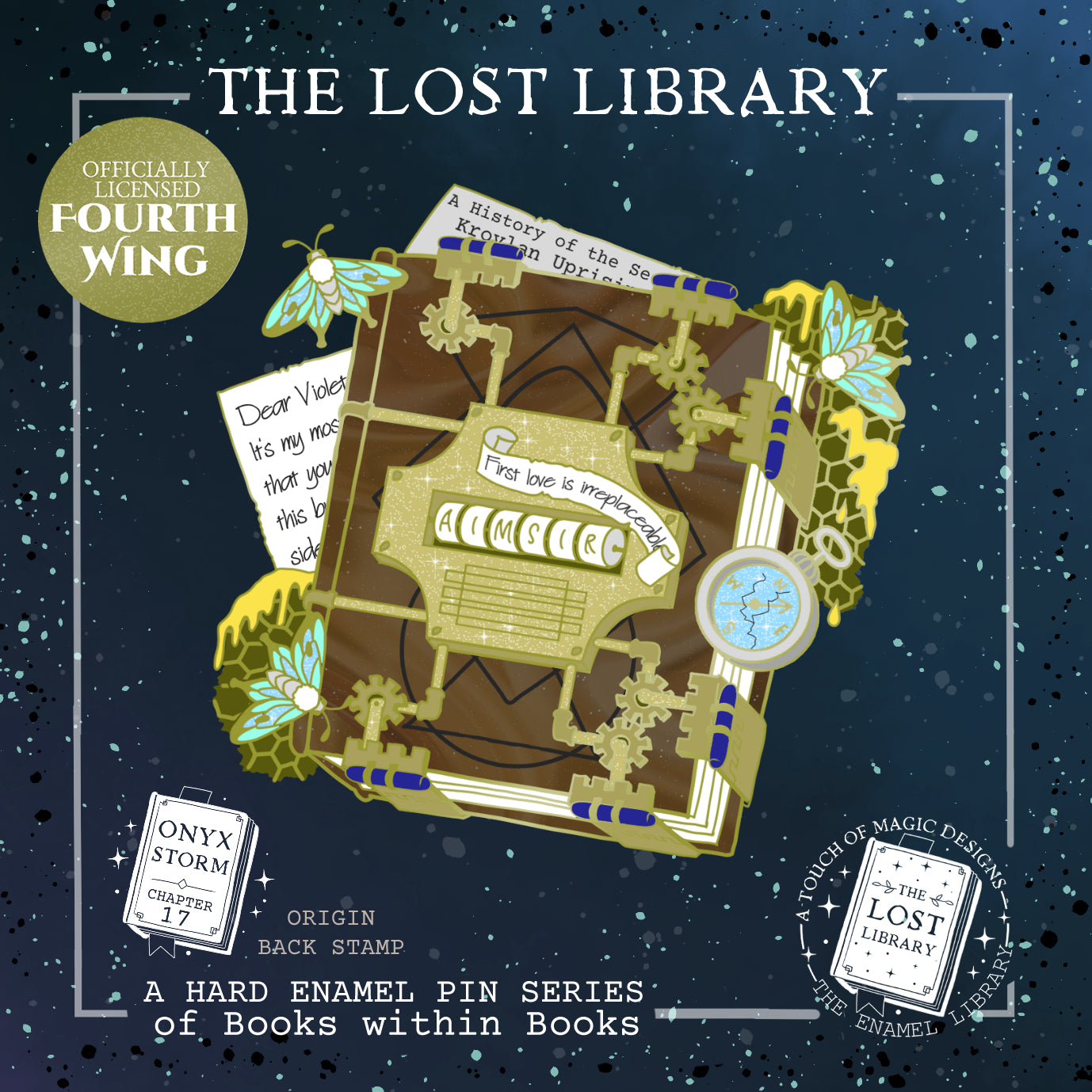 PRE-ORDER - Lost Library Pin Collection - Violets locked book - FOURTH WING OFFICIALLY LICENSED
