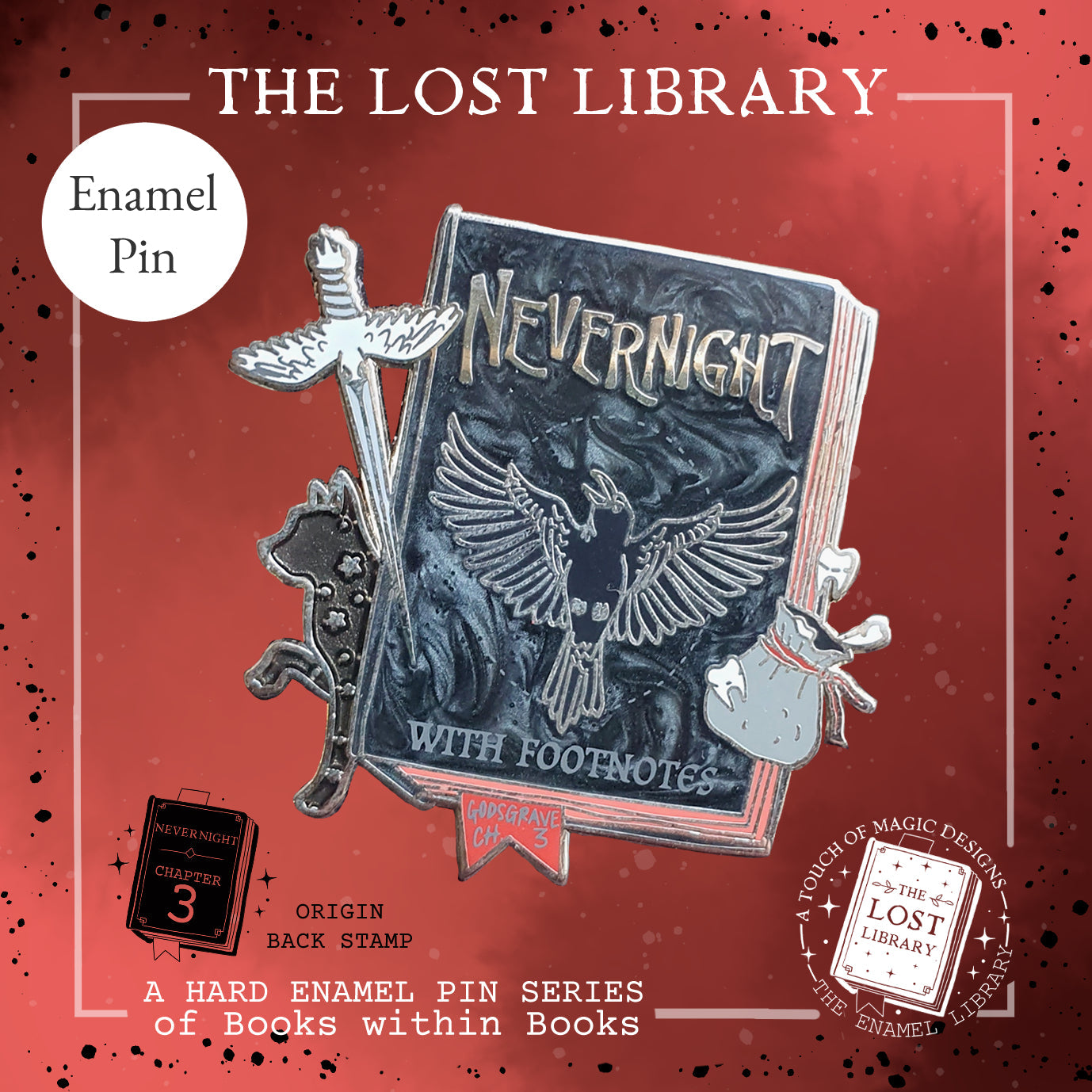 Lost library Pin collection - pin #7 - Nevernight with footnotes