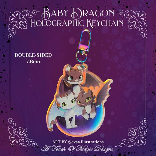Baby triplet dragons - holographic key chain