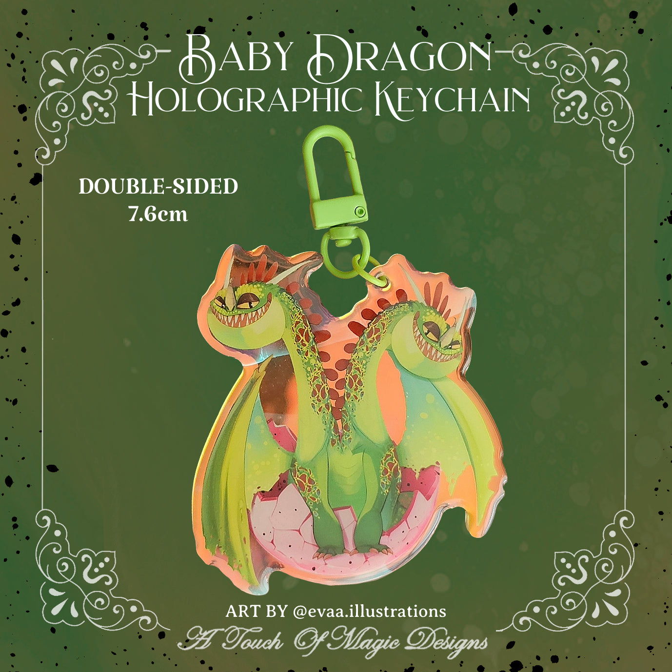 Baby green twin headed dragon - holographic key chain