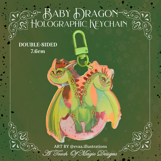 Baby green twin headed dragon - holographic key chain