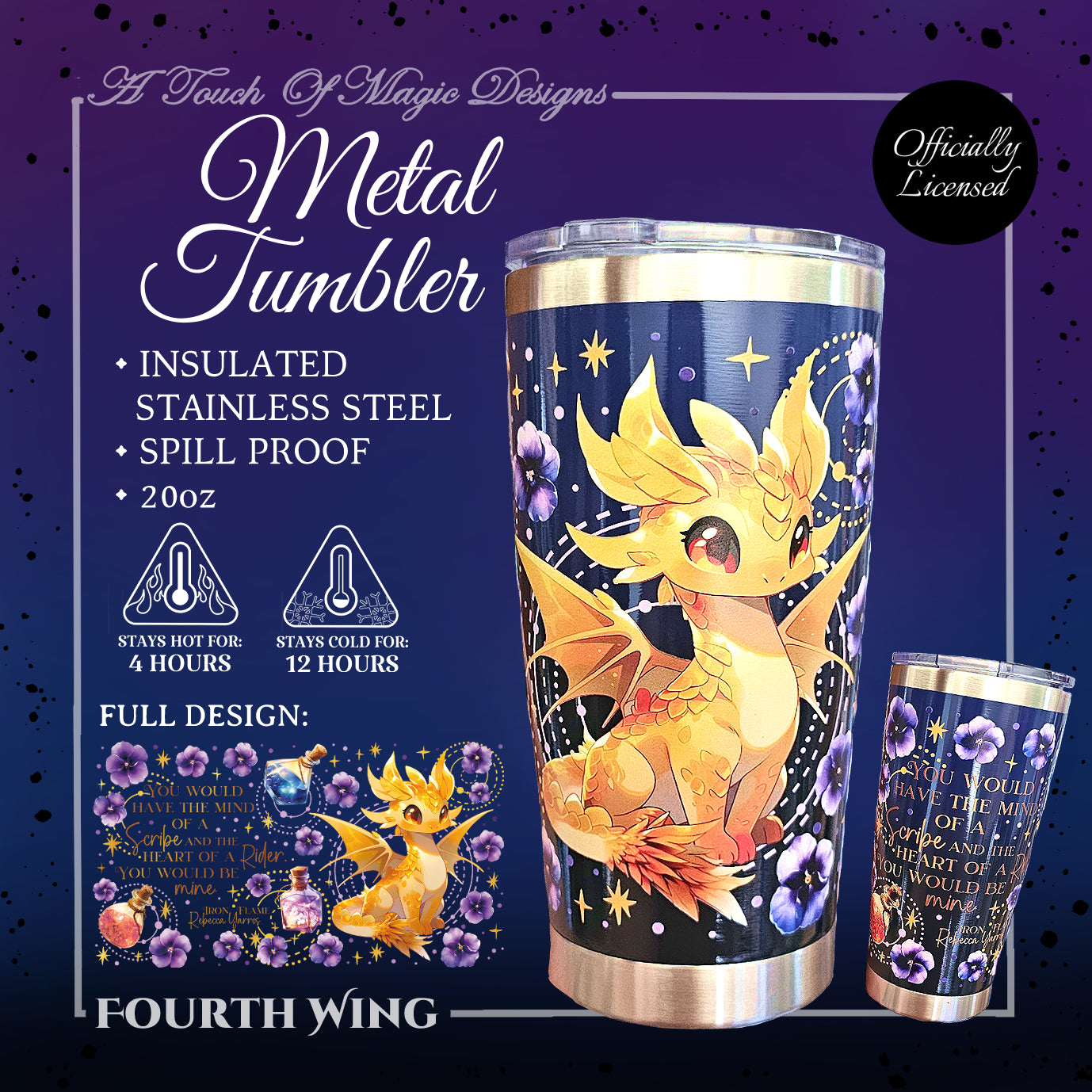 20oz Metal Tumbler - Sweet Andarna - Fourth Wing Officially Licensed